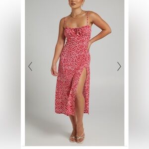 Showpo Willa Red Floral cottage inspired Midi Dress with Slit. Size 6. NWT